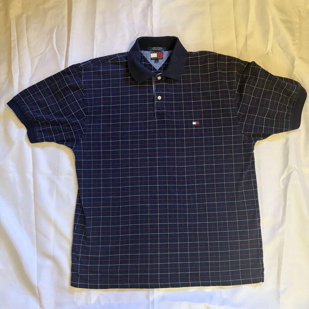 VINTAGE Tommy Hilfiger Polo Shirt Men's Large Navy Plaid 90 's Y2K Flag Logo